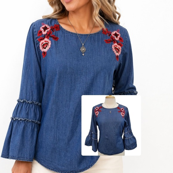 Express Tops - Express Denim Chambray Blouse Floral Embroidered Bell Sleeve Boho Casual M